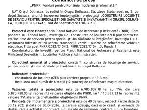 „PNRR: Fonduri pentru România modernă și reformată!” - „CONSTRUIRE LOCUINȚE DE SERVICIU PENTRU SPECIALIȘTI DIN SĂNĂTATE ȘI ÎNVĂȚĂMÂNT ÎN ORAȘUL DOLHASCA, JUDEȚUL SUCEAVA”