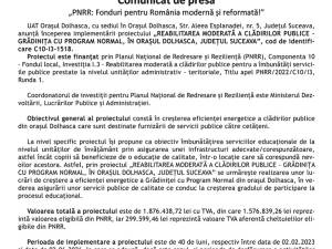 „PNRR: Fonduri pentru România modernă și reformată!” - „REABILITAREA MODERATĂ A CLĂDIRILOR PUBLICE – GRĂDINIȚA CU PROGRAM NORMAL, ÎN ORAȘUL DOLHASCA, JUDEȚUL SUCEAVA”