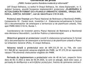 „PNRR: Fonduri pentru România modernă și reformată!” - „ELABORAREA ȘI ACTUALIZAREA ÎN FORMAT GIS A PLANULUI URBANISTIC GENERAL, ORAȘUL DOLHASCA, JUDEȚUL SUCEAVA”