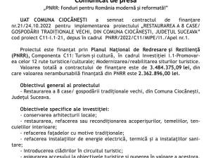 „PNRR: Fonduri pentru România modernă și reformată!” - RESTAURAREA A 8 CASE/ GOSPODĂRII TRADIȚIONALE VECHI, DIN COMUNA CIOCĂNEȘTI, JUDEȚUL SUCEAVA” cod proiect C11‐I.1‐21"