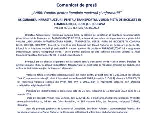 „PNRR: Fonduri pentru România modernă și reformată!” ASIGURAREA INFRASTRUCTURII PENTRU TRANSPORTUL VERDE: PISTĂ DE BICICLETE ÎN COMUNA BILCA, JUDEȚUL SUCEAVA