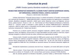 „PNRR: Fonduri pentru România modernă și reformată!”  REABILITARE ENERGETICĂ MODERATĂ A CLĂDIRII PUNCT SANITAR (DISPENSAR UMAN), SAT DRĂGOIASA, COMUNA PANACI, JUDEȚUL SUCEAVA” Proiect nr. C10-I3-3110 / 26.10.2022