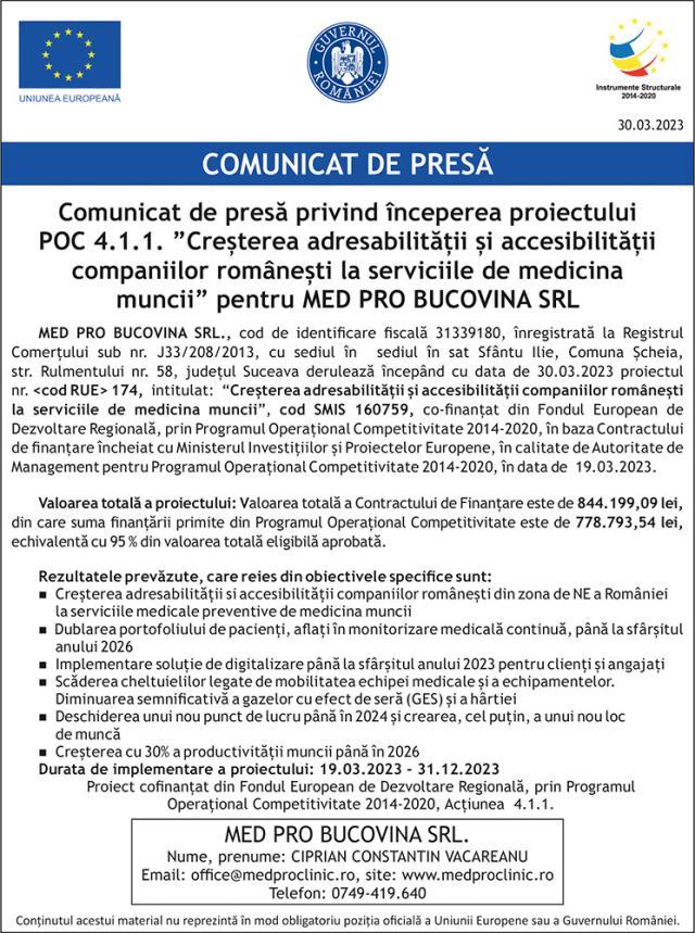 Comunicat de presă privind începerea proiectului POC 4.1.1. ”Creșterea adresabilității și accesibilității companiilor românești la serviciile de medicina muncii” pentru MED PRO BUCOVINA SRL