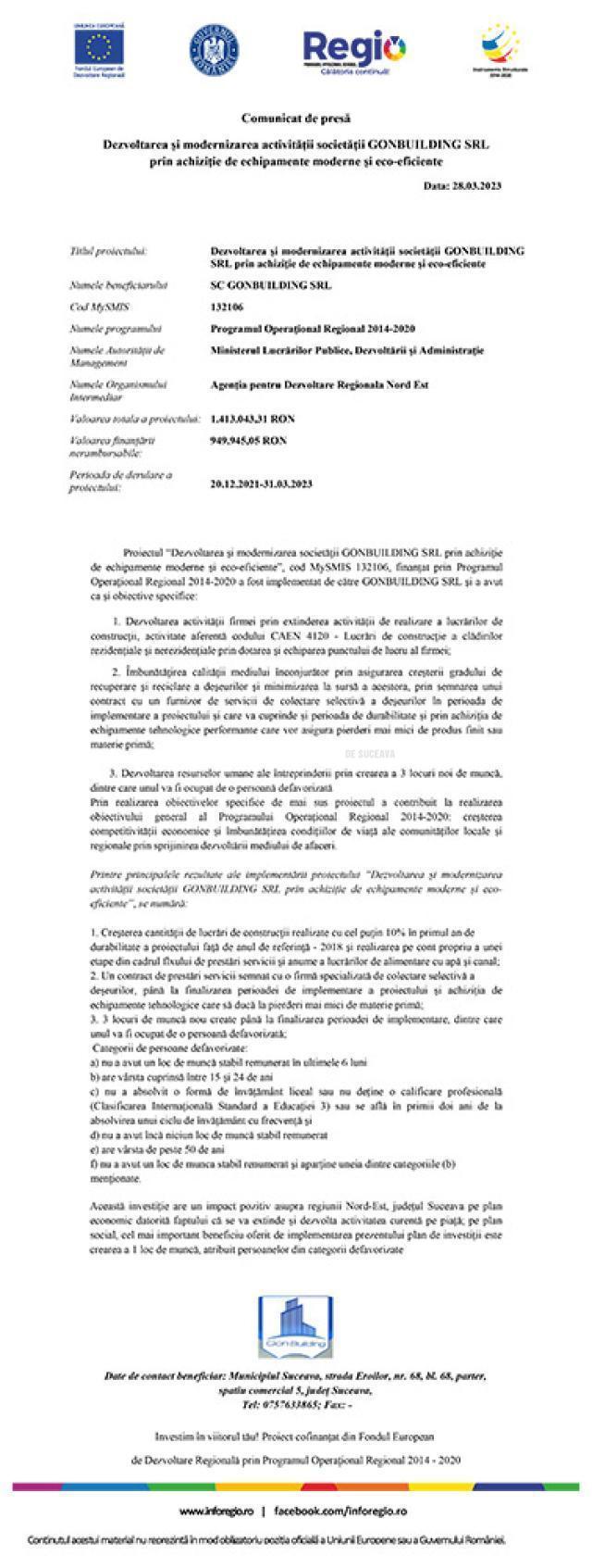 Dezvoltarea și modernizarea activității societății GONBUILDING SRL prin achiziție de echipamente moderne și eco-eficiente