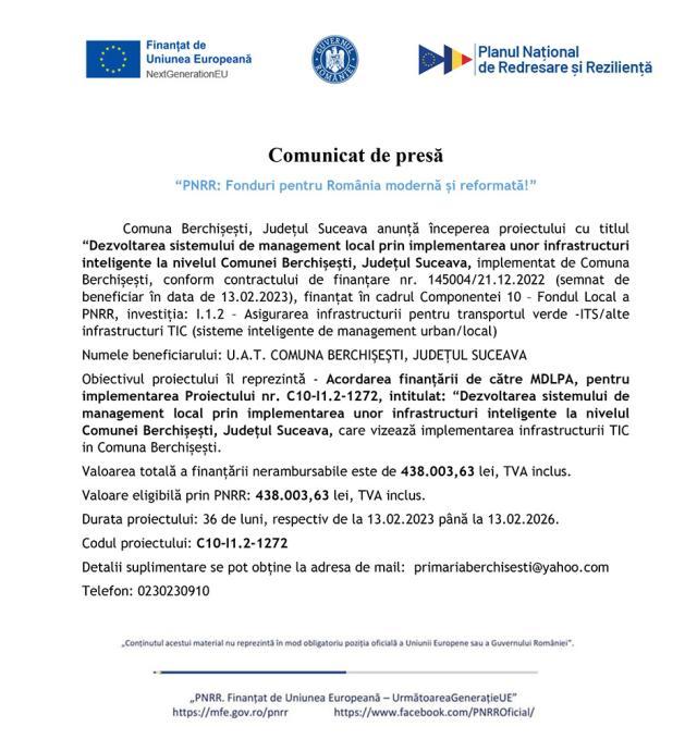 “PNRR: Fonduri pentru România modernă și reformată!” - Dezvoltarea sistemului de management local prin implementarea unor infrastructuri inteligente la nivelul Comunei Berchișești, Județul Suceava
