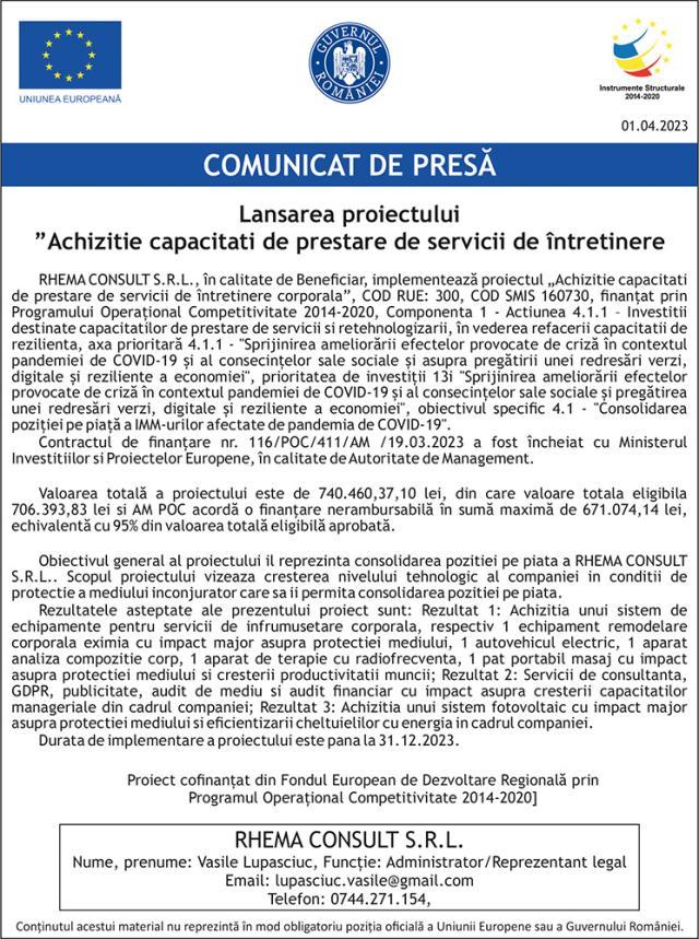 Lansarea proiectului - "Achizitie capacitati de prestare de servicii de întretinere corporala”