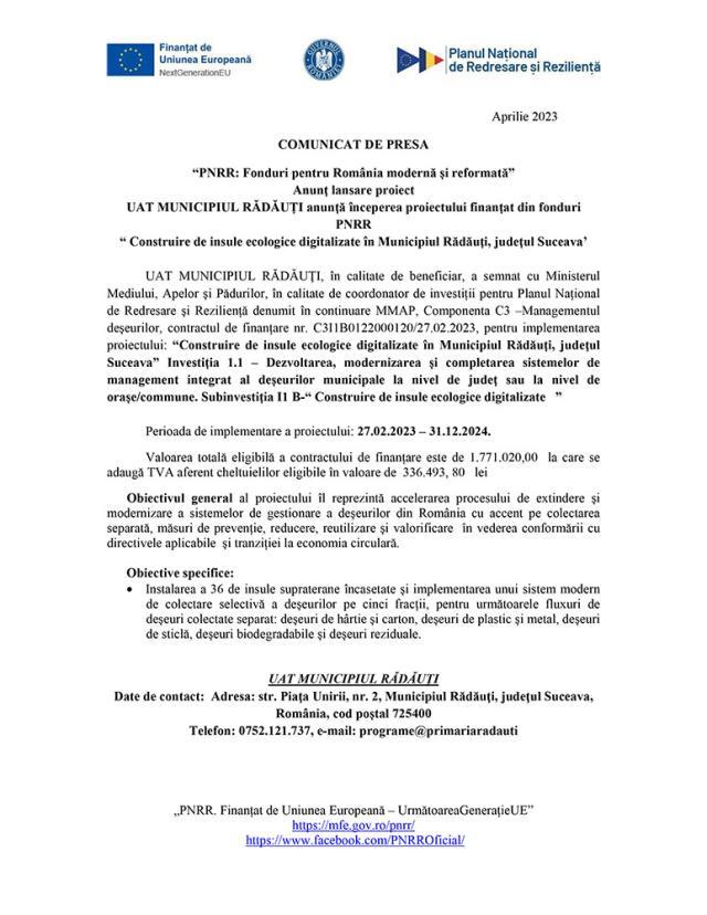 “PNRR: Fonduri pentru România modernă și reformată” Anunț lansare proiect UAT MUNICIPIUL RĂDĂUȚI anunță începerea proiectului finanțat din fonduri PNRR “ Construire de insule ecologice digitalizate în Municipiul Rădăuți, județul Suceava’