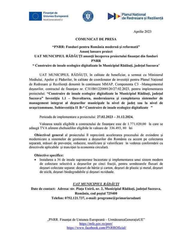 “PNRR: Fonduri pentru România modernă și reformată” Anunț lansare proiect UAT MUNICIPIUL RĂDĂUȚI anunță începerea proiectului finanțat din fonduri PNRR “ Construire de insule ecologice digitalizate în Municipiul Rădăuți, județul Suceava’