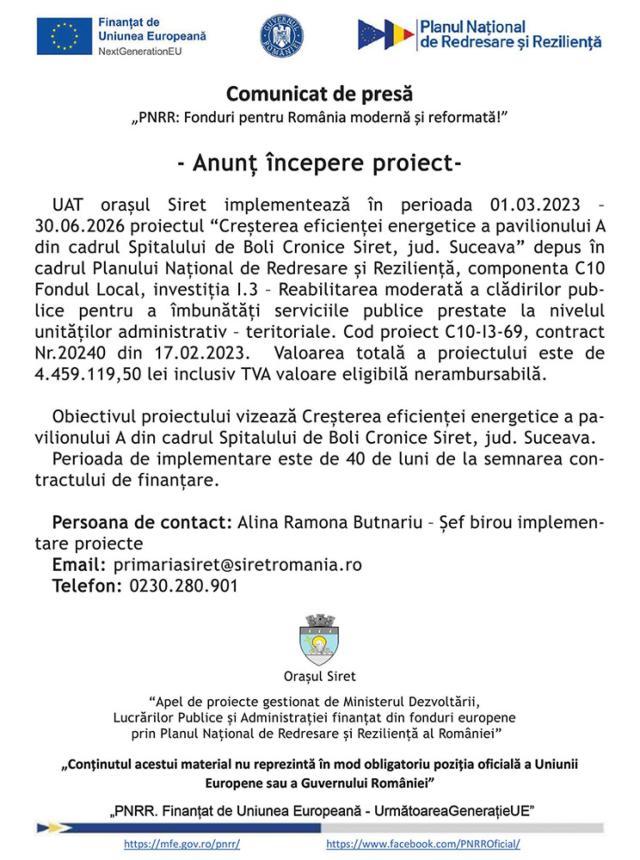 Anunț începere proiect - Creșterea eficienței energetice a pavilionului A din cadrul Spitalului de Boli Cronice Siret, jud. Suceava