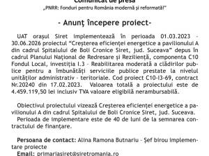 Anunt incepere proiect: Creșterea eficienței energetice a pavilionului A din cadrul Spitalului de Boli Cronice Siret, jud. Suceava