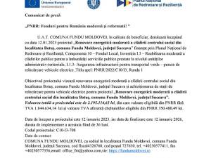 „PNRR: Fonduri pentru România modernă și reformată! " - Renovare energetică moderată a clădirii centrului social din localitatea Botuș, comuna Fundu Moldovei, județul Suceava