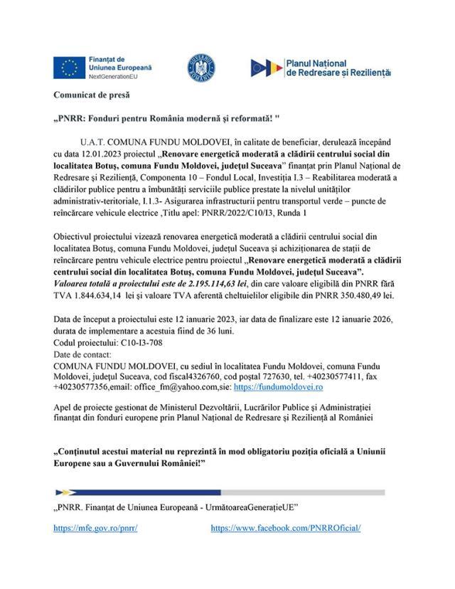 „PNRR: Fonduri pentru România modernă și reformată! " - Renovare energetică moderată a clădirii centrului social din localitatea Botuș, comuna Fundu Moldovei, județul Suceava