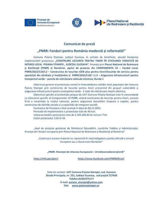„PNRR: Fonduri pentru România modernă și reformată!” - CONSTRUIRE LOCUINȚE PENTRU TINERI ÎN STAȚIUNEA TURISTICĂ DE INTERES LOCAL  POIANA STAMPEI , JUDEȚUL SUCEAVA