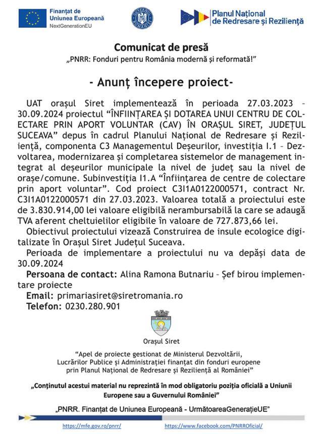 PNRR: Fonduri pentru România modernă și reformată - anunț începere proiect - ÎNFIINȚAREA ȘI DOTAREA UNUI CENTRU DE COLECTARE PRIN APORT VOLUNTAR (CAV) ÎN ORAȘUL SIRET, JUDEȚUL SUCEAVA