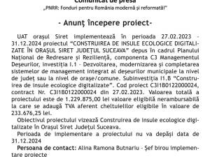 PNRR: Fonduri pentru România modernă și reformată - anunț începere proiect - CONSTRUIREA DE INSULE ECOLOGICE DIGITALIZATE ÎN ORAȘUL SIRET JUDEȚUL SUCEAVA
