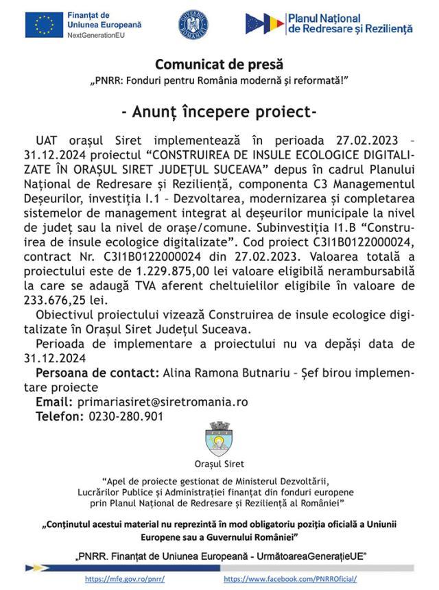 PNRR: Fonduri pentru România modernă și reformată - anunț începere proiect - CONSTRUIREA DE INSULE ECOLOGICE DIGITALIZATE ÎN ORAȘUL SIRET JUDEȚUL SUCEAVA