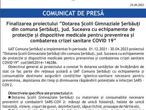 Finalizarea proiectului ”Dotarea Școlii Gimnaziale Șerbăuți din comuna Șerbăuți, jud. Suceava cu echipamente de protecție și dispozitive medicale pentru prevenirea și combaterea crizei sanitare COVID 19”