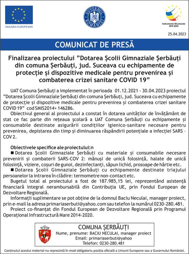 Finalizarea proiectului ”Dotarea Școlii Gimnaziale Șerbăuți din comuna Șerbăuți, jud. Suceava cu echipamente de protecție și dispozitive medicale pentru prevenirea și combaterea crizei sanitare COVID 19”