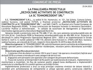 LA FINALIZAREA PROIECTULUI „DEZVOLTARE ACTIVITATE DE CONSTRUCȚII LA SC TEHNOREZIDENT SRL”