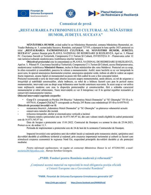 „RESTAURAREA PATRIMONIULUI CULTURAL AL MĂNĂSTIRII HUMOR, JUDEȚUL SUCEAVA”