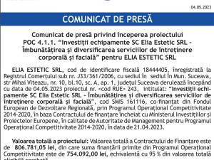 Comunicat de presă privind începerea proiectului POC 4.1.1. “Investiții echipamente SC Elia Estetic SRL - Îmbunătățirea și diversificarea serviciilor de întreținere corporală și facială” pentru ELIA ESTETIC SRL