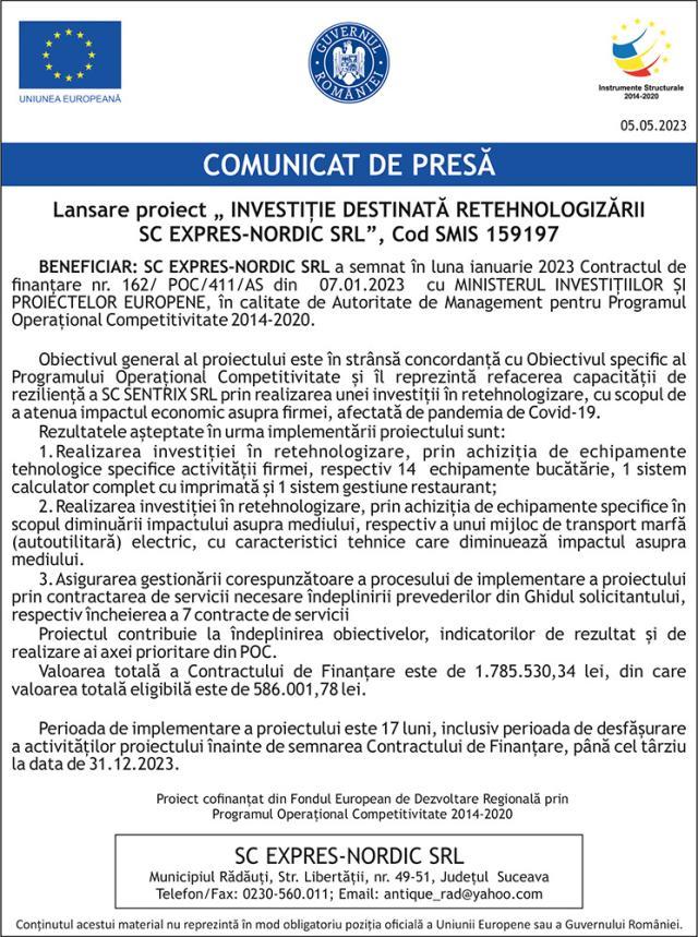 Lansare proiect „ INVESTIȚIE DESTINATĂ RETEHNOLOGIZĂRII SC EXPRES-NORDIC SRL”, Cod SMIS 159197