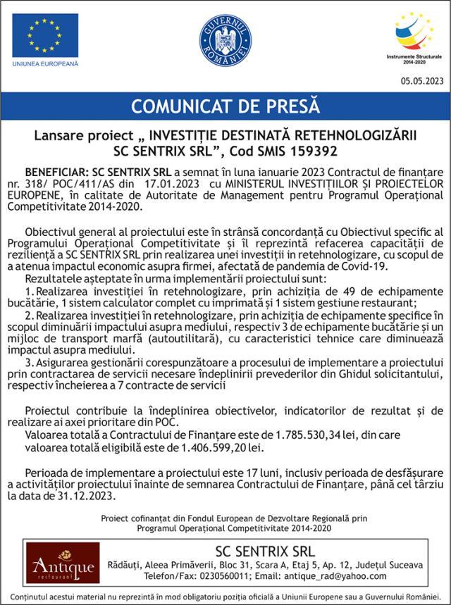 Lansare proiect „ INVESTIȚIE DESTINATĂ RETEHNOLOGIZĂRII SC SENTRIX SRL”, Cod SMIS 159392