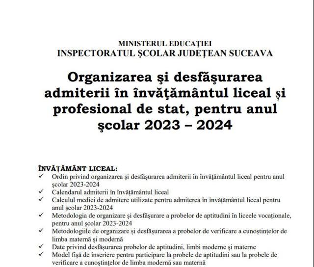 Broșura de admitere la liceu, 2023 – 2024, a fost publicată online