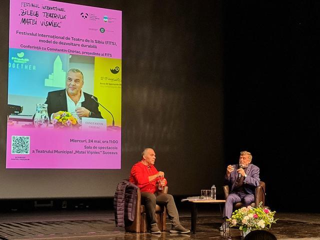 Matei Vișniec, în dialog cu Constantin Chiriac, președintele FITS, pe scena TMMVS