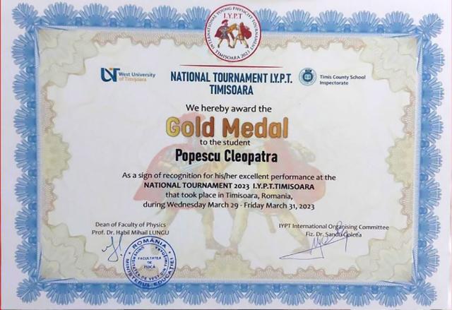 Cleopatra Popescu, Premiul I și Aur la “Turnirul tinerilor fizicieni“
