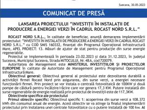 LANSAREA PROIECTULUI ”INVESTIȚII ÎN INSTALAȚII DE PRODUCERE A ENERGIEI VERZI ÎN CADRUL ROCAST NORD S.R.L.”