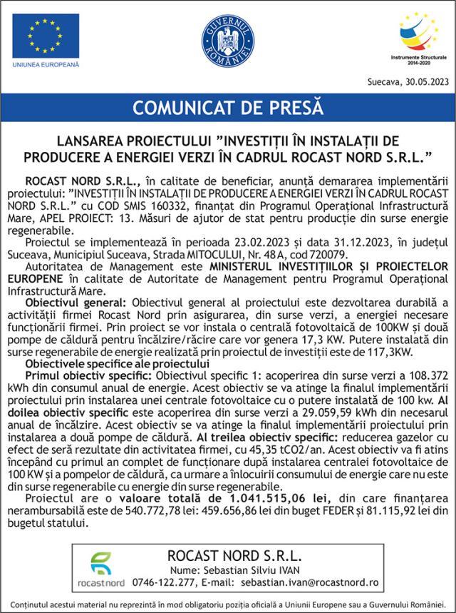 LANSAREA PROIECTULUI ”INVESTIȚII ÎN INSTALAȚII DE PRODUCERE A ENERGIEI VERZI ÎN CADRUL ROCAST NORD S.R.L.”