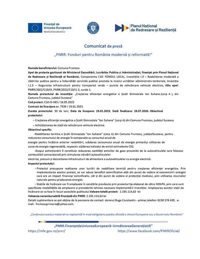 Creșterea eficienței energetice a Școlii Gimnaziale Ion Suhane (corp A ), din Comuna Frumosu, județul Suceava