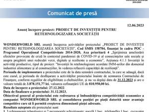 Anunț începere proiect: PROIECT DE INVESTIȚII PENTRU RETEHNOLOGIZAREA SOCIETĂȚII