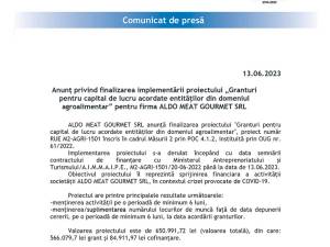 Anunț privind finalizarea implementării proiectului „Granturi pentru capital de lucru acordate entităților din domeniul agroalimentar” pentru firma ALDO MEAT GOURMET SRL