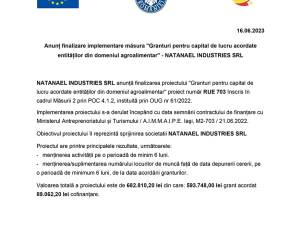 Anunț finalizare implementare măsura "Granturi pentru capital de lucru acordate entităților din domeniul agroalimentar" - NATANAEL INDUSTRIES SRL