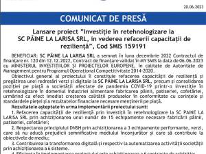 Lansare proiect ”Investiție în retehnologizare la SC PÂINE LA  LARISA SRL, in vederea refacerii capacitații de reziliență”, Cod SMIS 159191