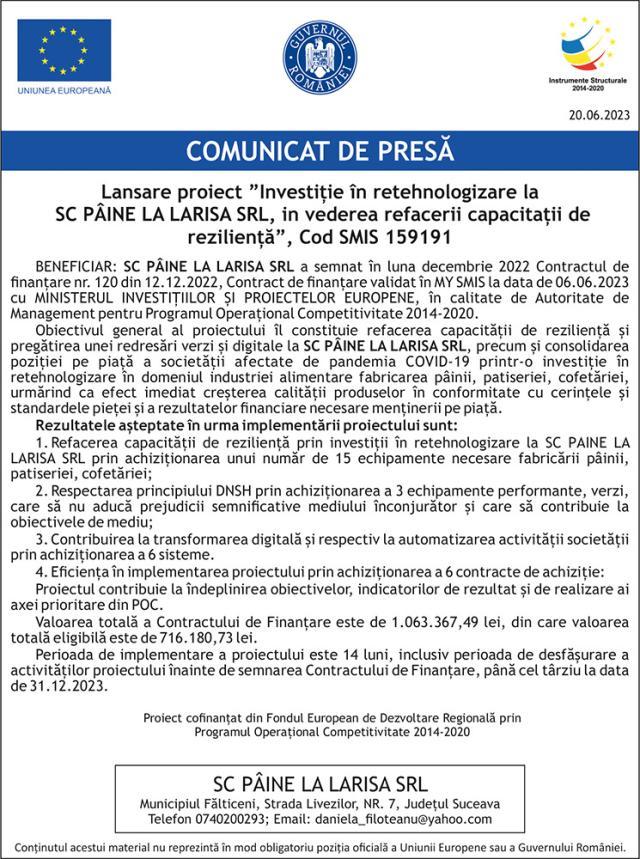 Lansare proiect ”Investiție în retehnologizare la SC PÂINE LA  LARISA SRL, in vederea refacerii capacitații de reziliență”, Cod SMIS 159191