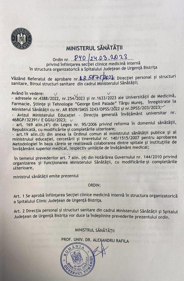 Ordinul semnat de ministrul Rafila pentru numirea de spital clinic a Spitalului Judeţean de Urgenţă Bistriţa. Sursa Bistriteanul