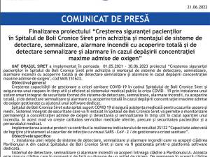 Finalizarea proiectului “Creșterea siguranței pacienților în Spitalul de Boli Cronice Siret