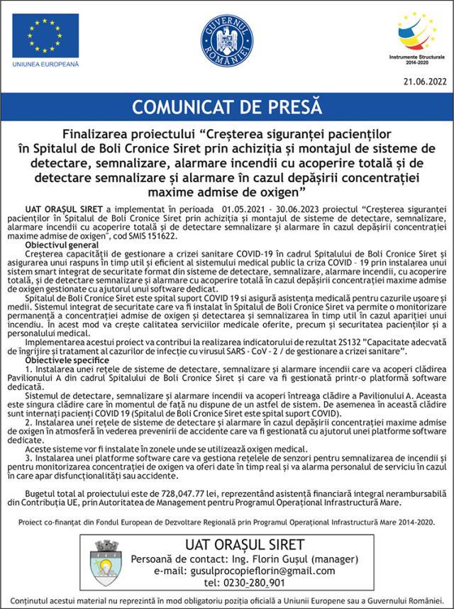 Finalizarea proiectului Creșterea siguranței pacienților în Spitalul de Boli Cronice Siret