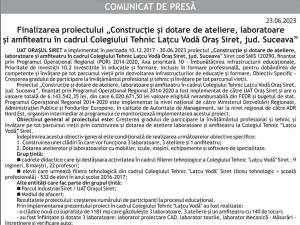 Finalizarea proiectului „Construcție și dotare de ateliere, laboratoare și amfiteatru în cadrul Colegiului Tehnic Lațcu Vodă Oraș Siret, jud. Suceava”