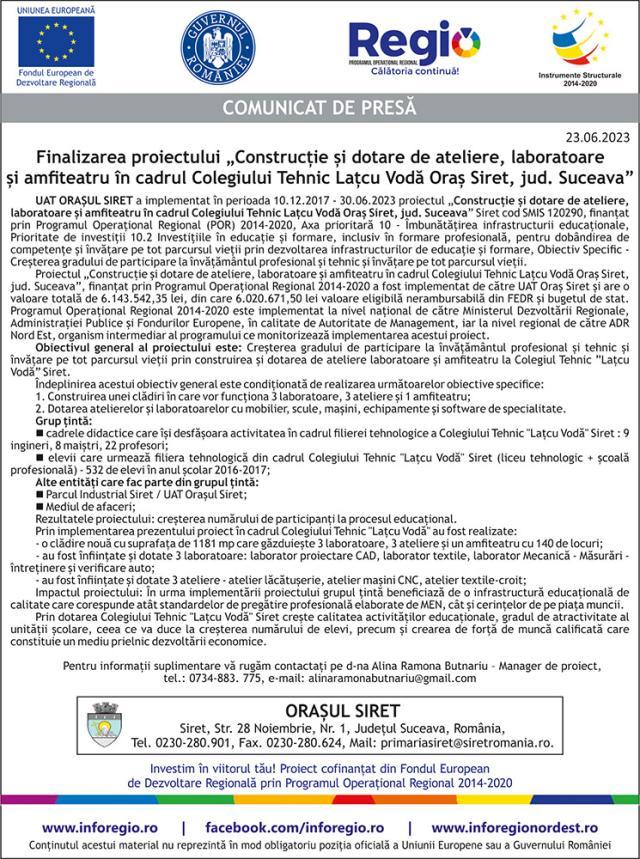 Finalizarea proiectului „Construcție și dotare de ateliere, laboratoare și amfiteatru în cadrul Colegiului Tehnic Lațcu Vodă Oraș Siret, jud. Suceava”