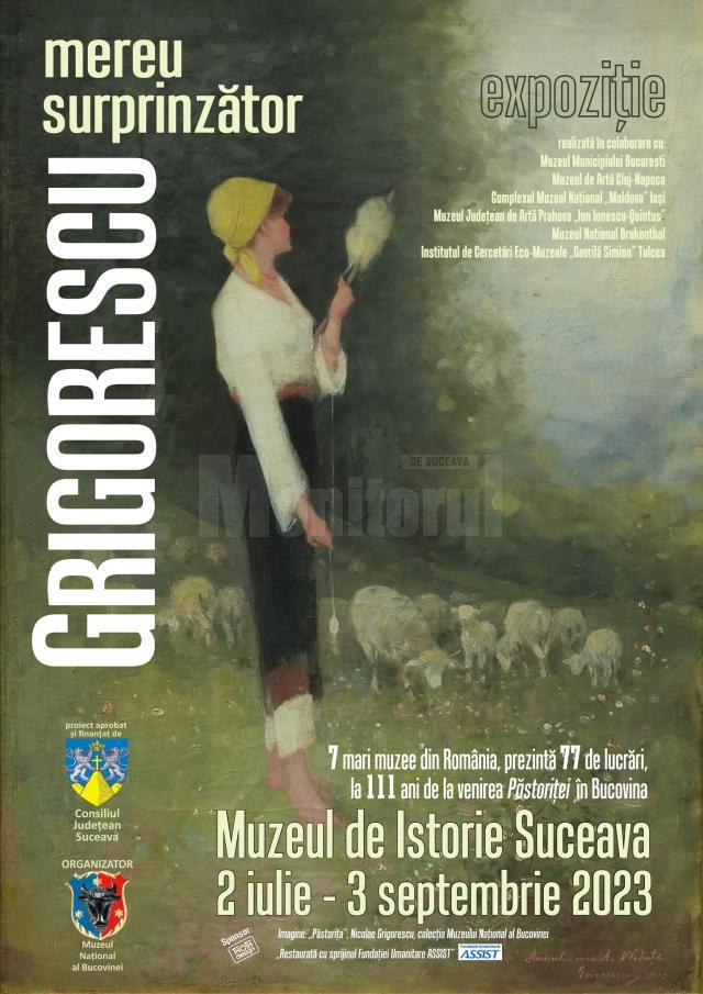 Pe afiș este lucrarea „Păstorița”, din patrimoniul Muzeului de Istorie din Suceava