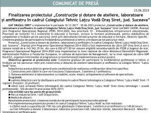 Finalizarea proiectului „Construcție și dotare de ateliere, laboratoare și amfiteatru în cadrul Colegiului Tehnic Lațcu Vodă Oraș Siret, jud. Suceava”