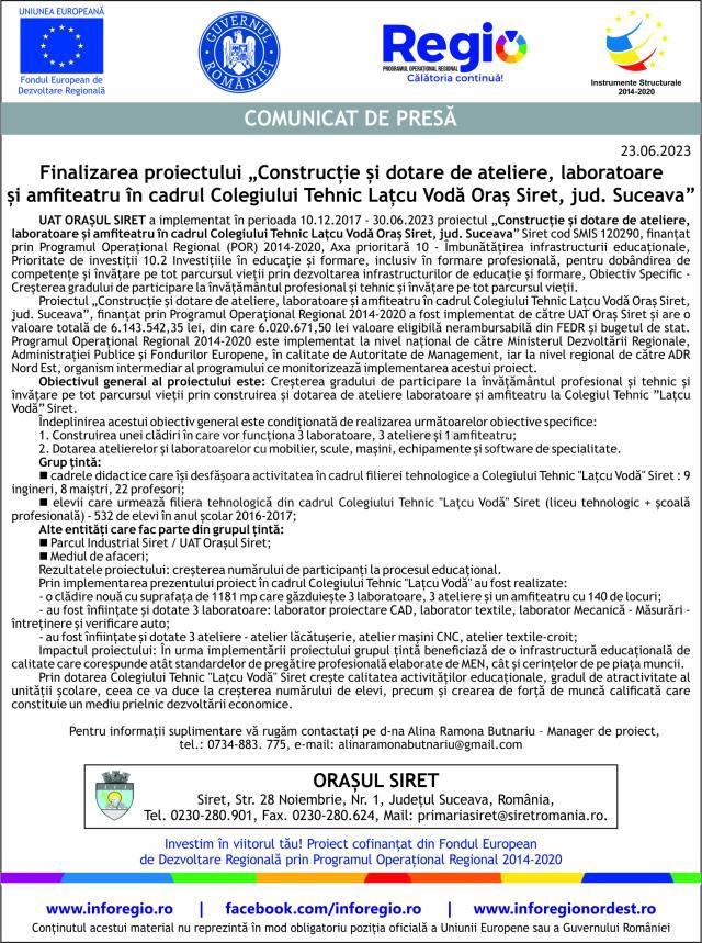 Finalizarea proiectului „Construcție și dotare de ateliere, laboratoare și amfiteatru în cadrul Colegiului Tehnic Lațcu Vodă Oraș Siret, jud. Suceava”