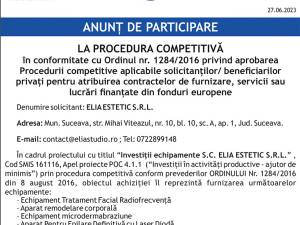 ANUNT DE PARTICIPARE LA PROCEDURA COMPETITIVA în cadrul proiectului cu titlul “Investiții echipamente S.C. ELIA ESTETIC S.R.L.”