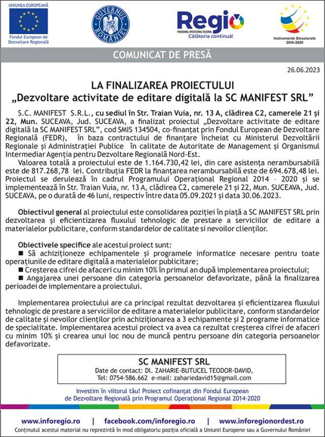 LA FINALIZAREA PROIECTULUI  „Dezvoltare activitate de editare digitală la SC MANIFEST SRL”