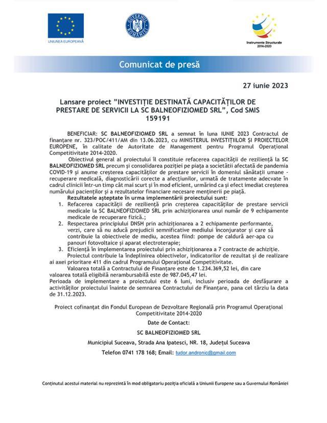 Lansare proiect ”INVESTIȚIE DESTINATĂ CAPACITĂȚILOR DE PRESTARE DE SERVICII LA SC BALNEOFIZIOMED SRL”, Cod SMIS 159191