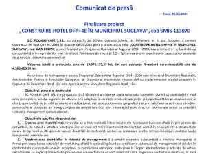 Finalizare proiect „CONSTRUIRE HOTEL D+P+4E ÎN MUNICIPIUL SUCEAVA”, cod SMIS 113070